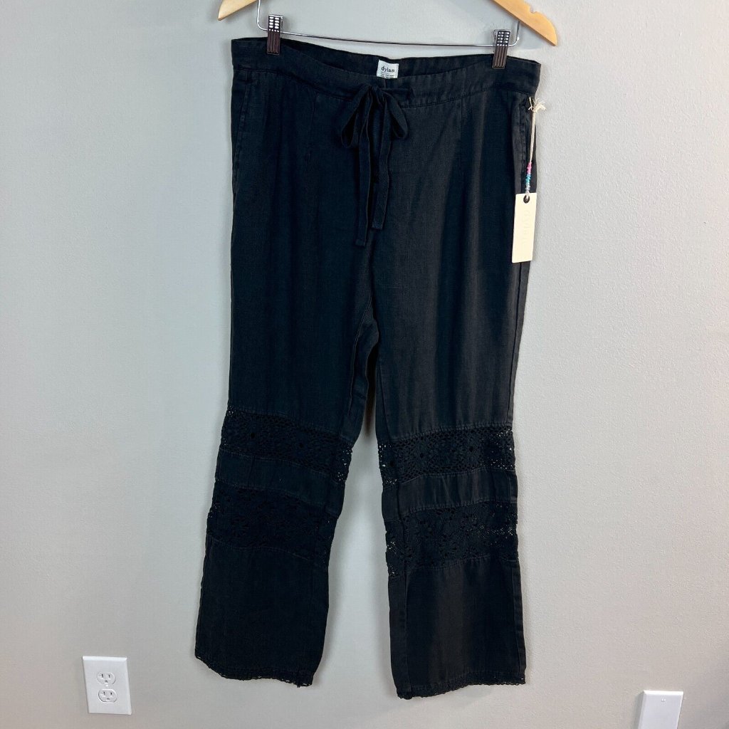 Dylan Linen Pants 8 Black Crochet Straight Leg Pockets Drawstring Womens New Nwt